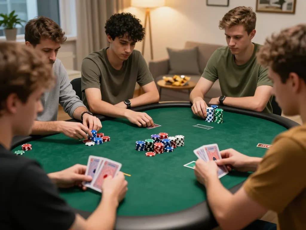 Players strategizing during an online poker game on Pokerseri with colorful chips and warm home ambiance.