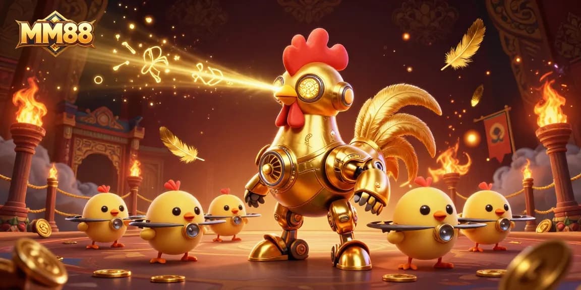 Experience winning with MM88, where the golden rooster robot and baby chick drones bring the casino alive!