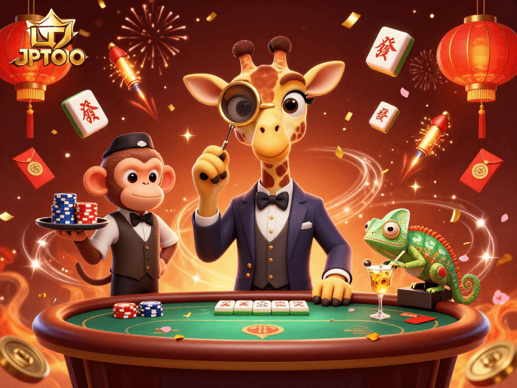 Engage with JPTOTO's vibrant gaming scene featuring exotic characters and festive elements.