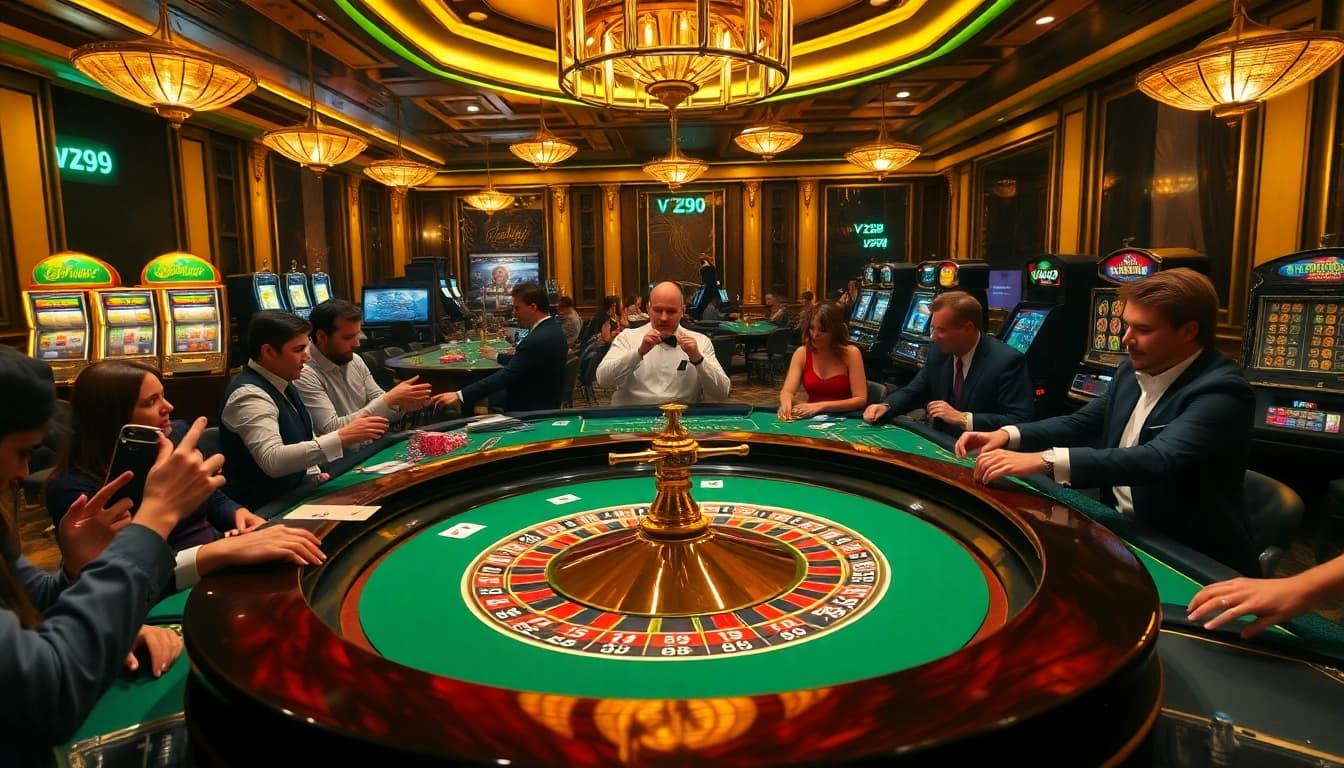 A lively casino scene featuring the vz99 roulette table and excited players enjoying high-stakes gaming.