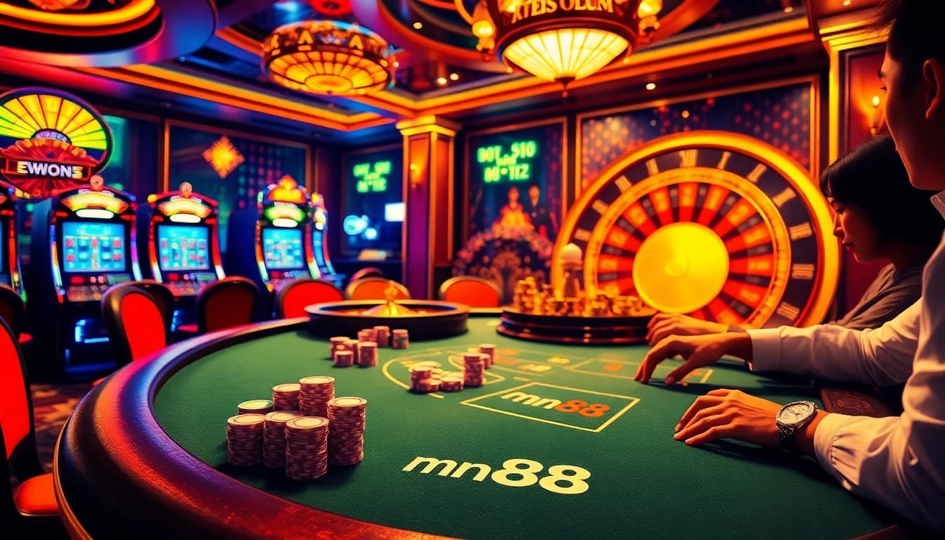 Experience the thrill of mn88.ltd with a vibrant casino scene featuring poker chips and slot machines.