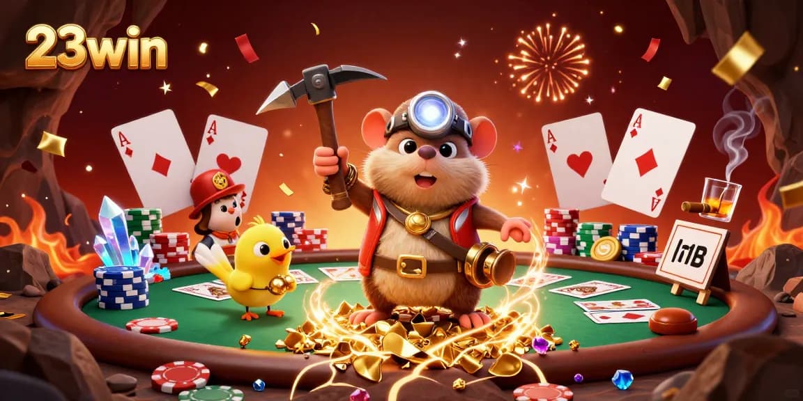 Engaging 3D illustration showcasing the energetic realm of 23win with treasure hunting and poker