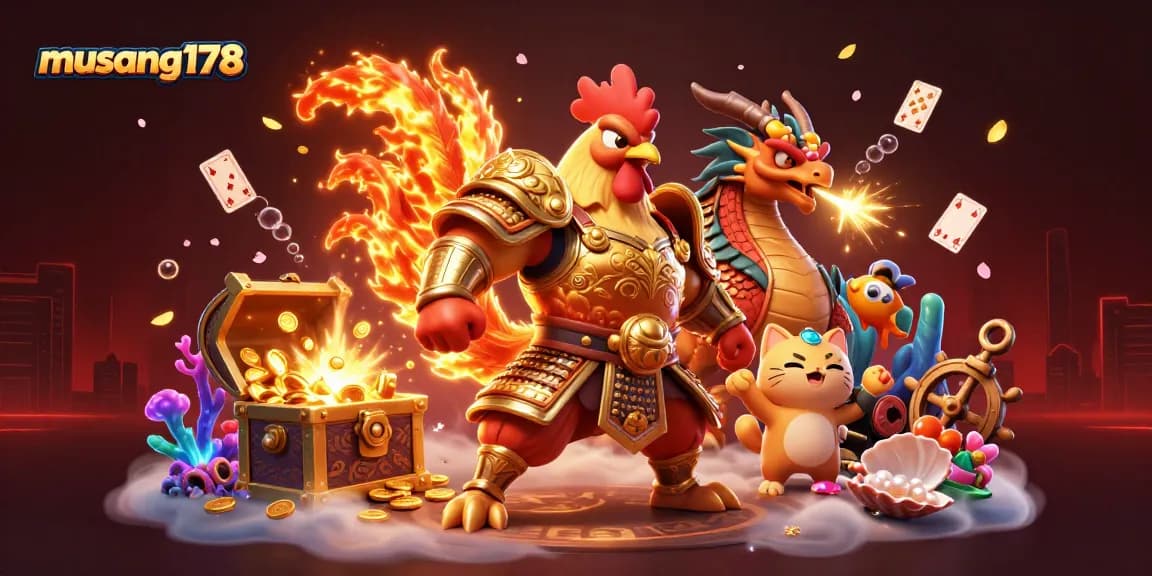 Musang178 mempersembahkan ilustrasi 3D dari seekor ayam petarung hebat dan naga bersenjata, dikelilingi harta karun dan elemen kasino.