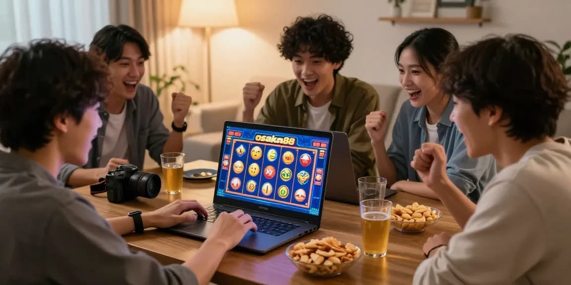 Friends enjoying osaka88 slot games together in a cozy setting, cheering for wins and sharing snacks.