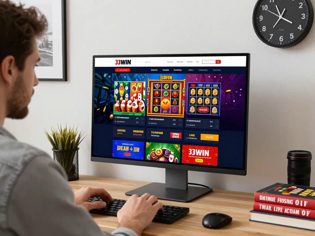 Engaging with the 33WIN platform link vào 33win in a vibrant home office setting featuring exciting sports betting and casino game options.