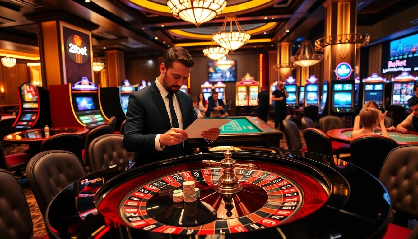Experience 28bet excitement at a luxury casino with roulette tables and engaged players.