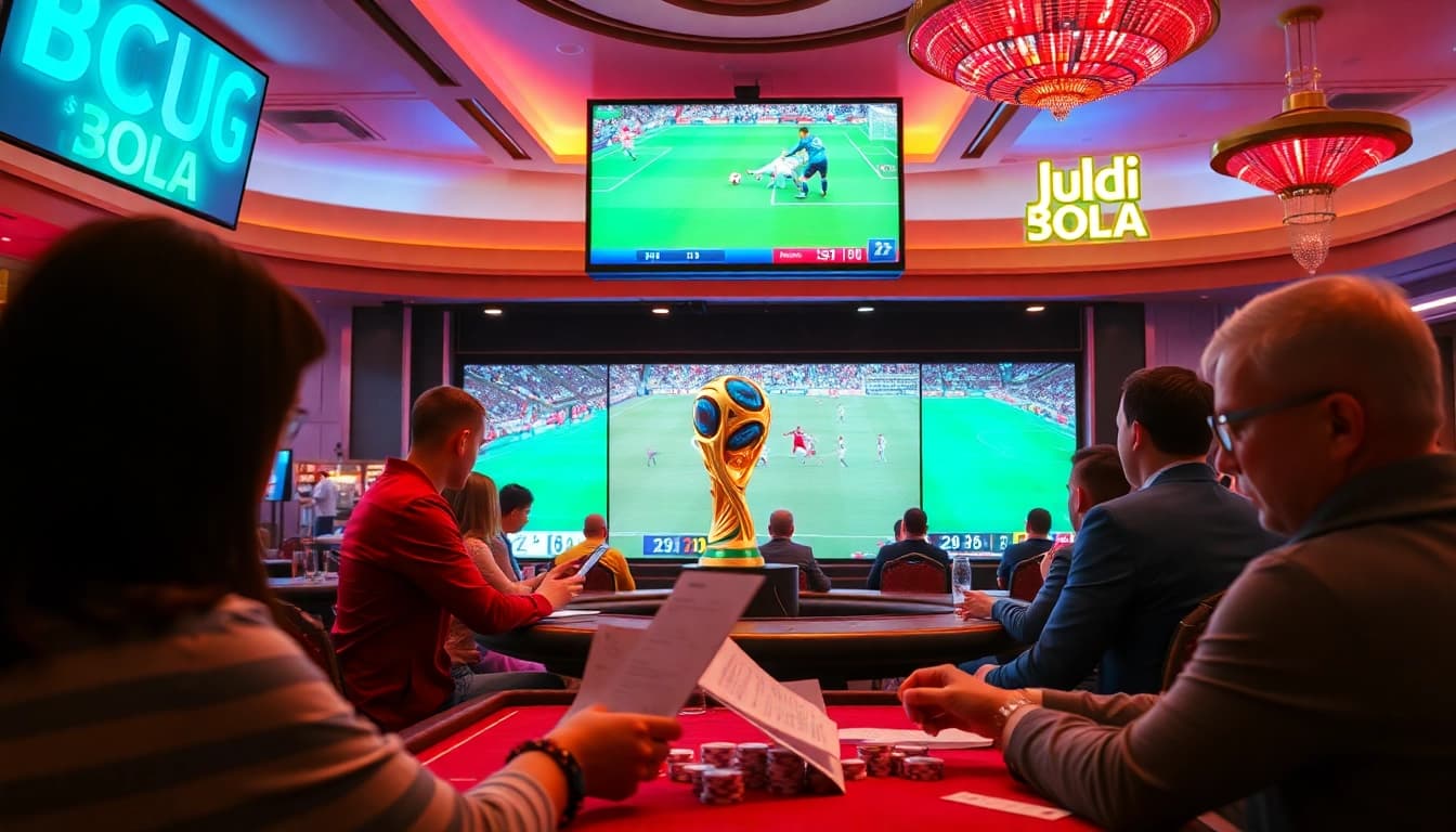 Experience thrilling Judi Bola betting action with excited gamblers in a luxury casino.