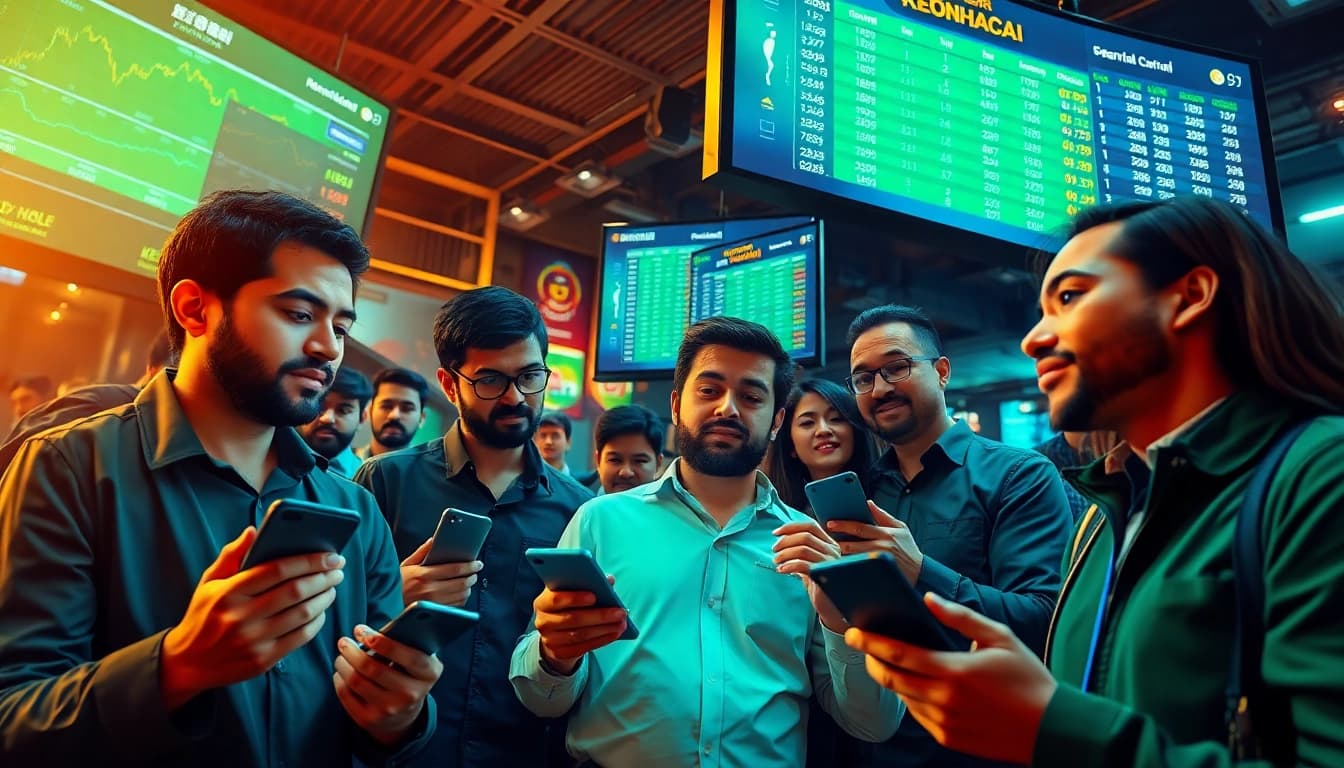 Dynamic betting scene highlighting keonhacai with engaged players analyzing football odds.