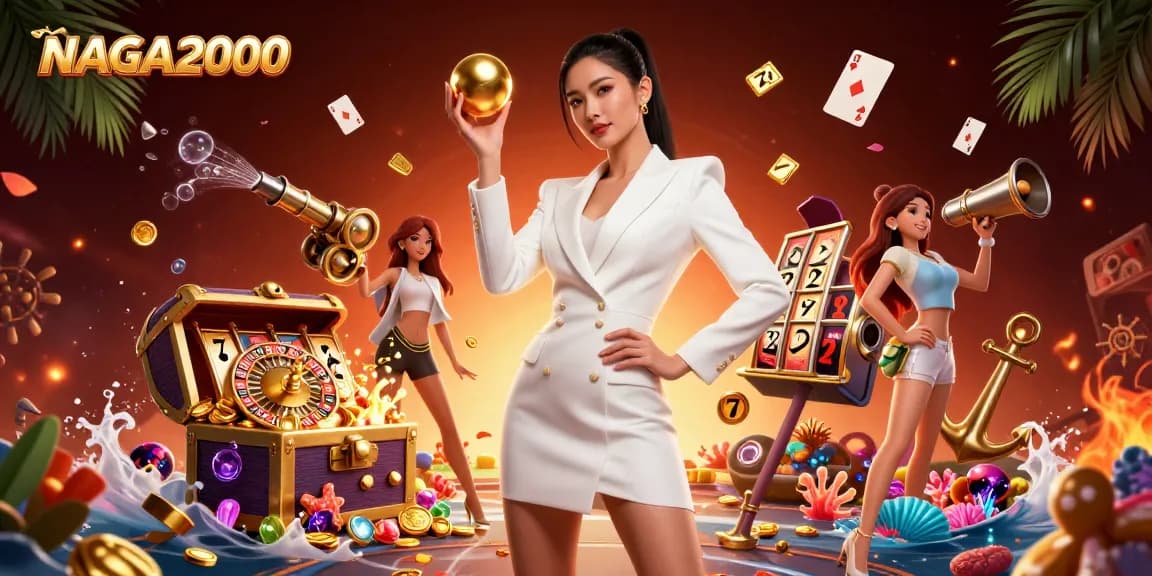 NAGA2000 menampilkan seorang wanita Asia yang menakjubkan di lingkungan kasino yang dinamis, merayakan kemenangan besar dalam permainan slot.