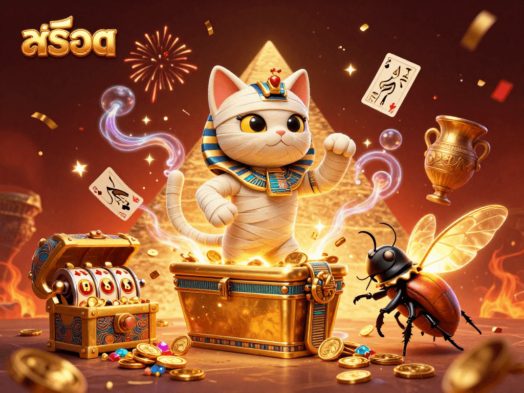 Experience the ancient glory with a mummy cat and treasures in a vibrant สล็อต casino scene.