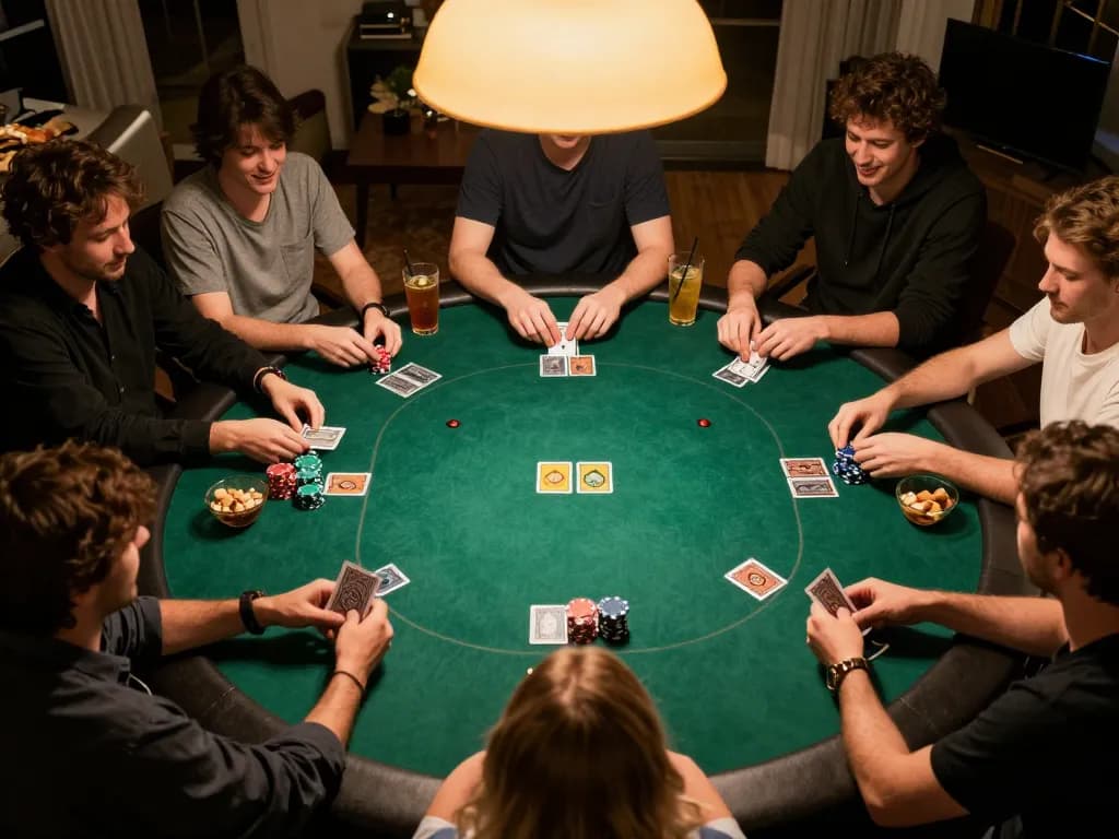 Players at a home poker game focusing on their cards, showcasing NK88's engaging gaming experience.