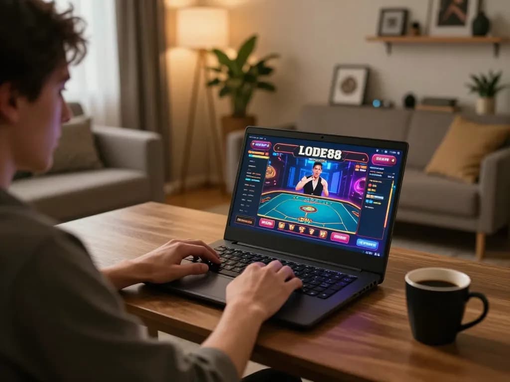 Person enjoying online gaming at LODE88 on a laptop in a cozy home setting