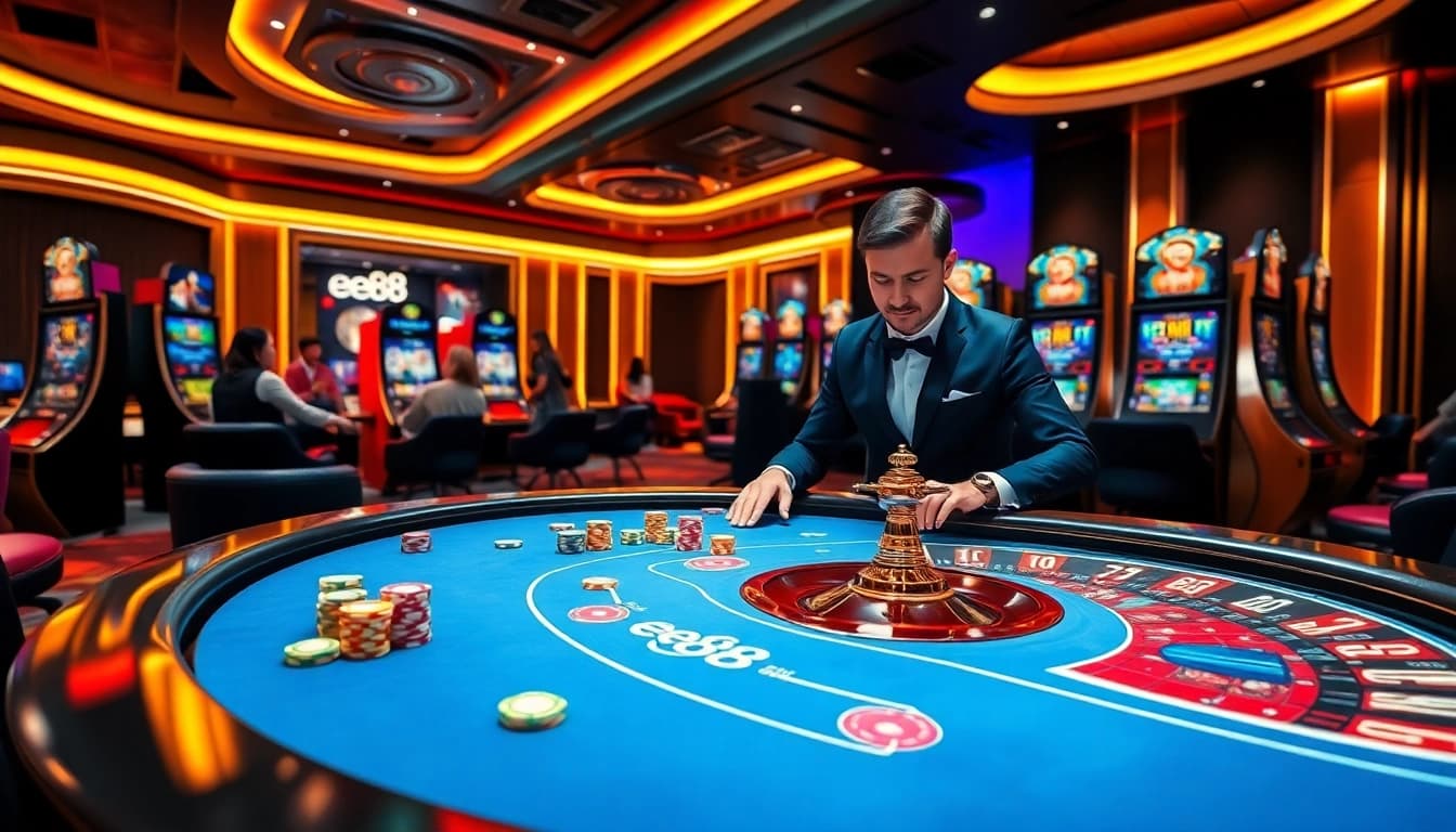 Ee88 offers an exciting casino atmosphere with vibrant poker tables and interactive slots.