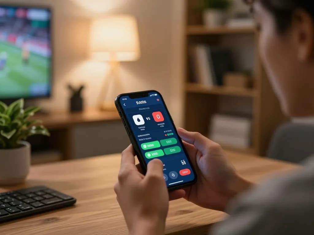 Engagement with live betting odds on BK33 smartphone in a cozy home environment.