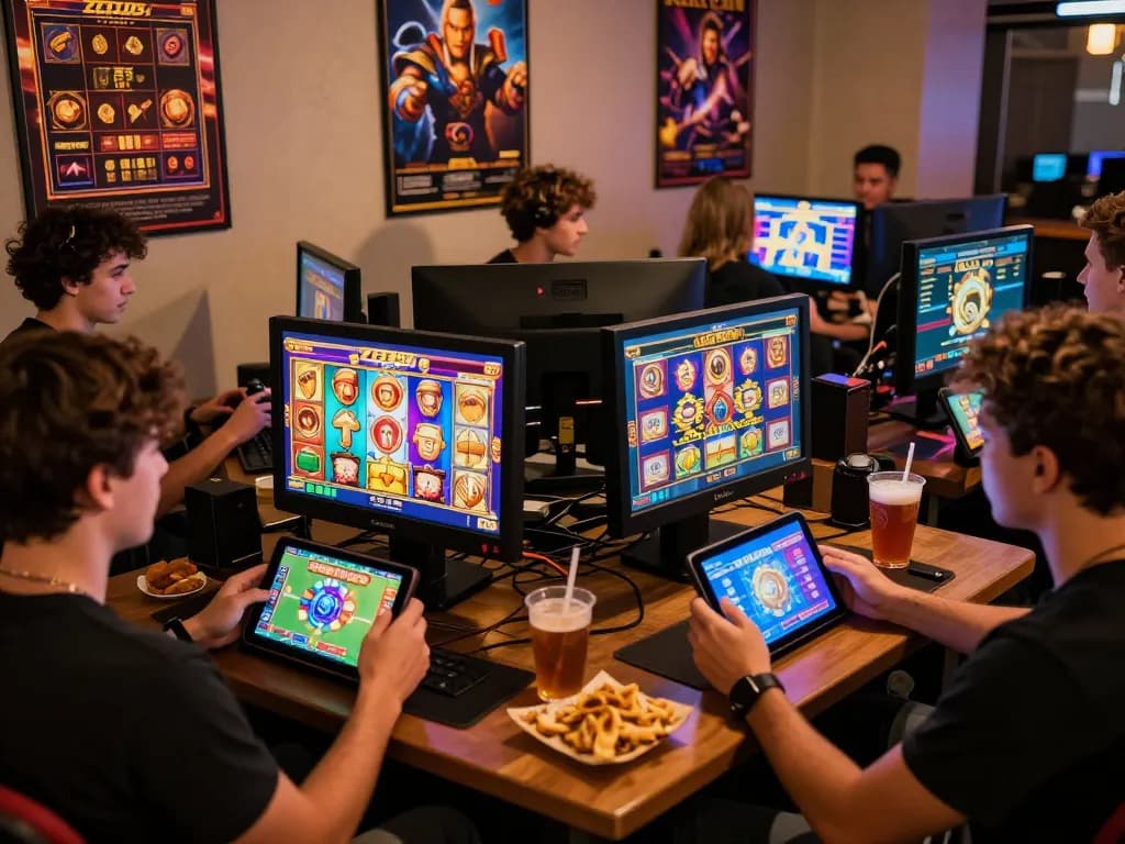 Players engaged in thrilling Zeus138 slot games, enjoying a vibrant gaming atmosphere.