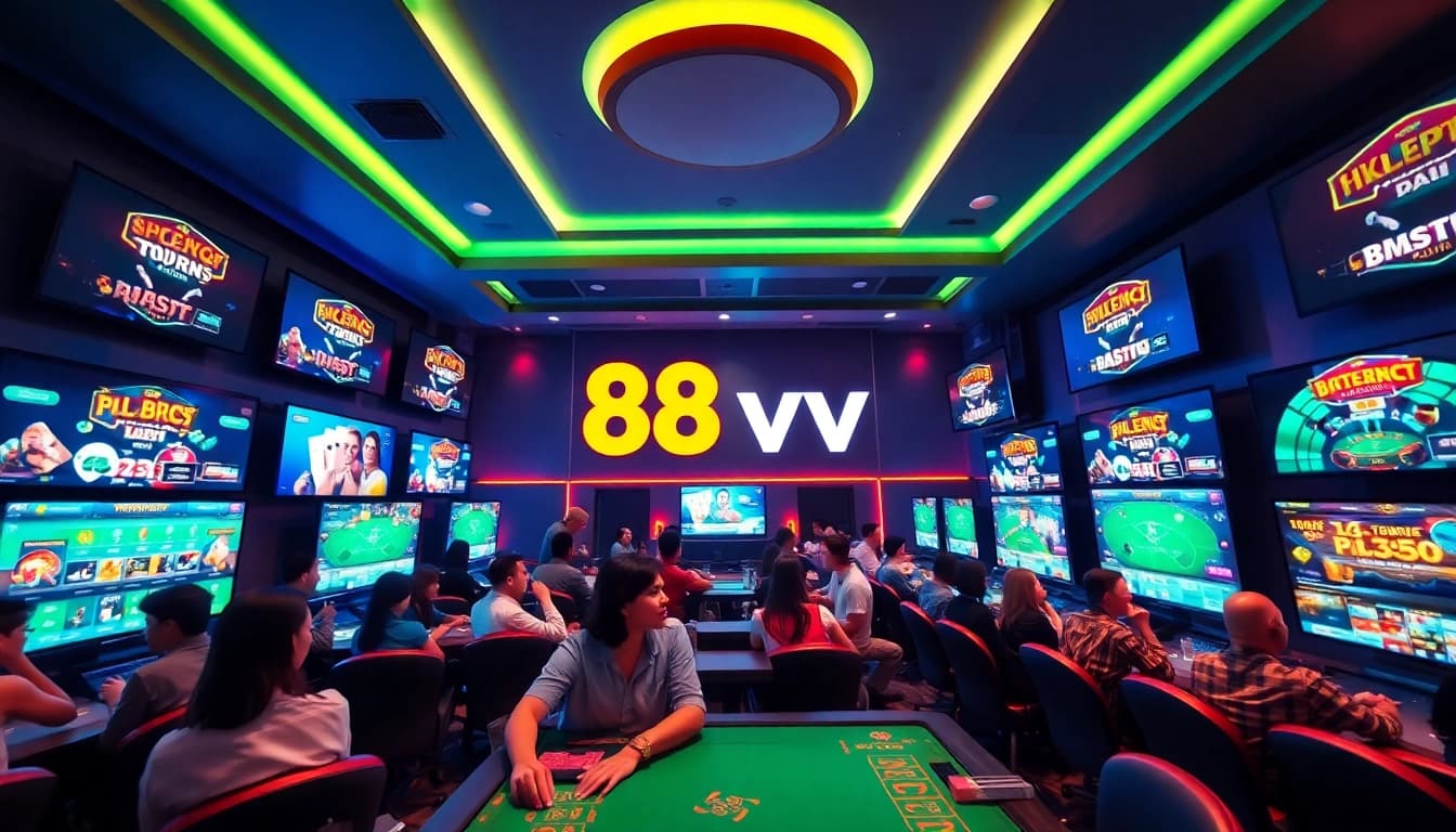 Experience the excitement of 88vv online gaming with vibrant gaming rooms and digital interfaces.