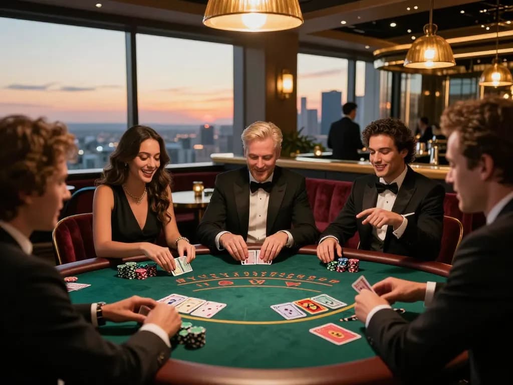 Engaged players at bdtk66 blackjack table in a luxurious rooftop casino bar, sunset skyline ambiance