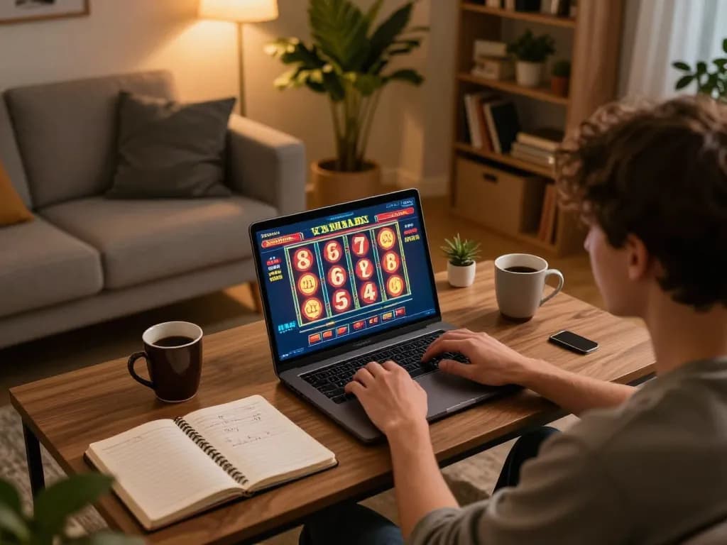 Engaging online gaming moment at home, showcasing a player enjoying goal123 ac slots with strategic notes beside them.