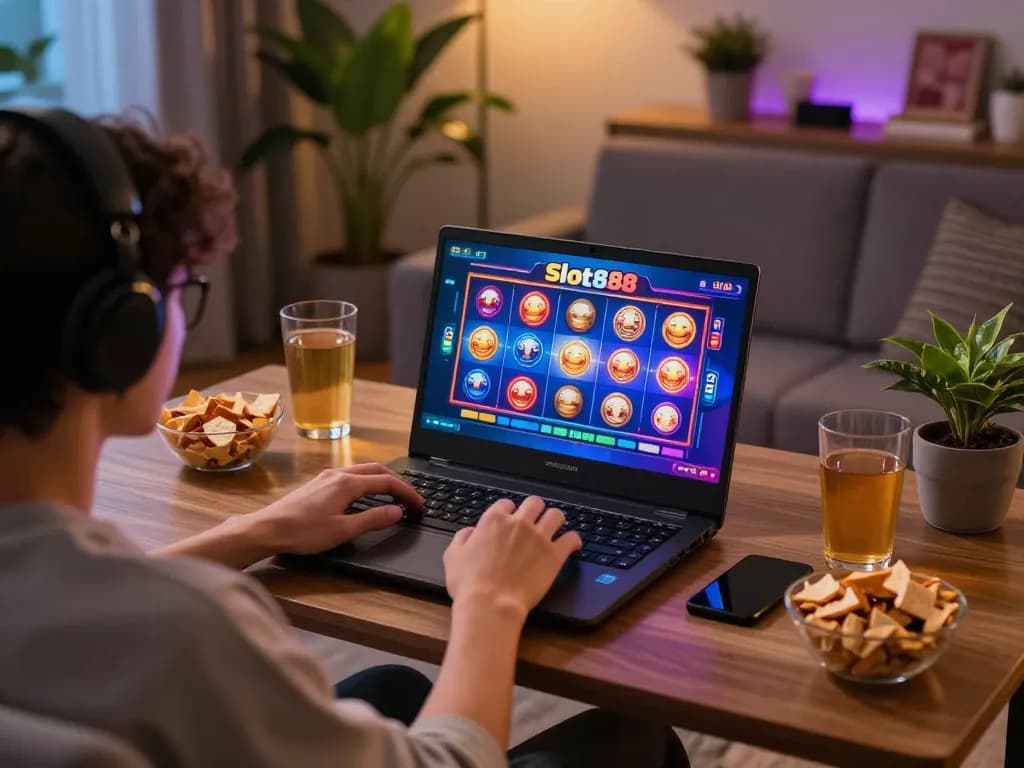 Engaging scene of a player enjoying slot88 games on a laptop at home in a cozy setting.