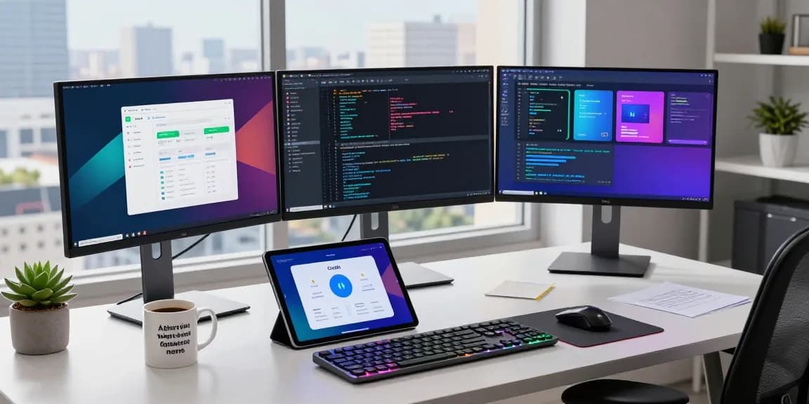 Workspace showcasing a developer using Crush AI with multiple monitors and modern gadgets in a bright tech environment.