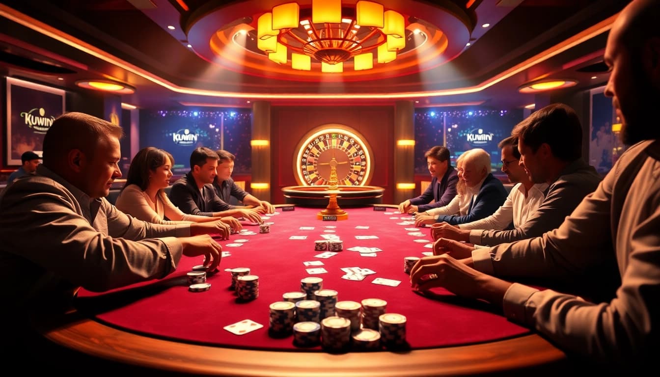 Kuwin casino scene showcasing poker gameplay with vibrant visuals and luxury details.