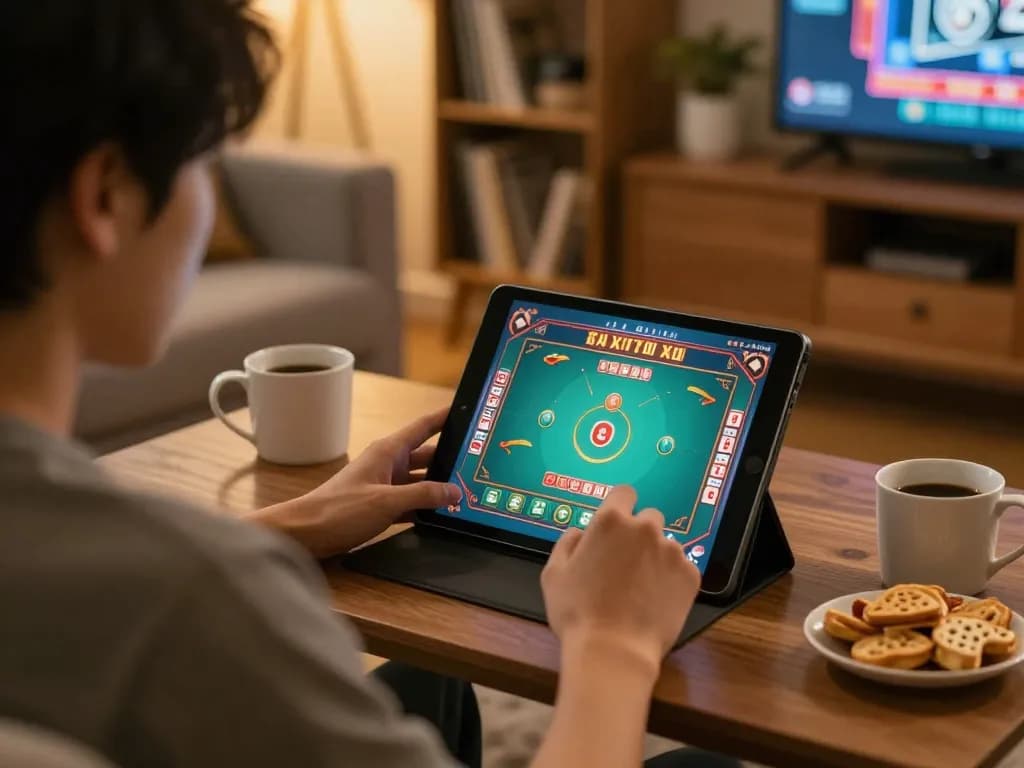 Engaging in tai xiu online gaming on a tablet in a cozy living room.