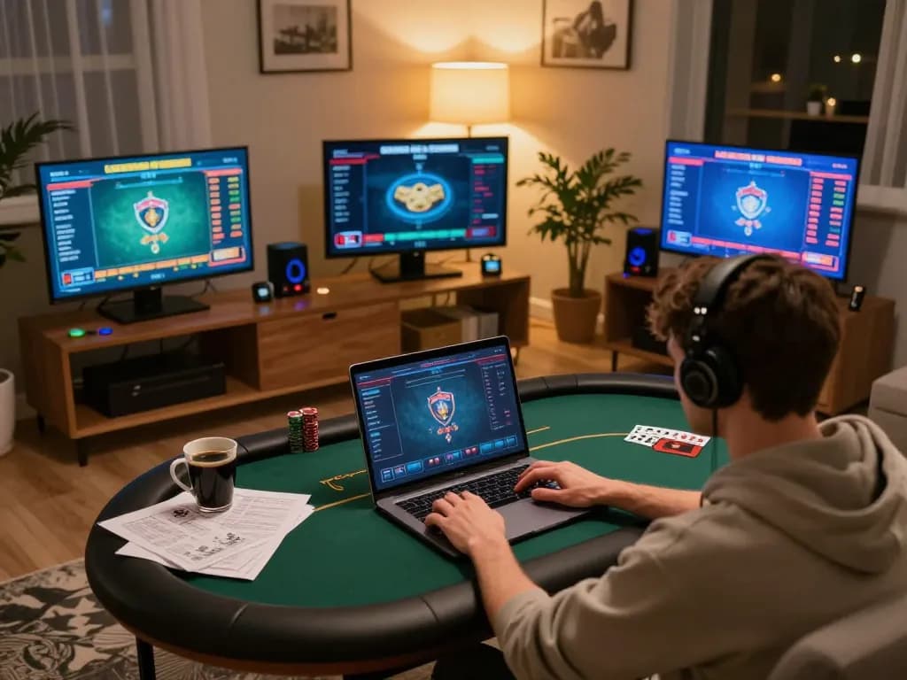 tg88 player engaged in intense online poker session with gaming strategy notes at home