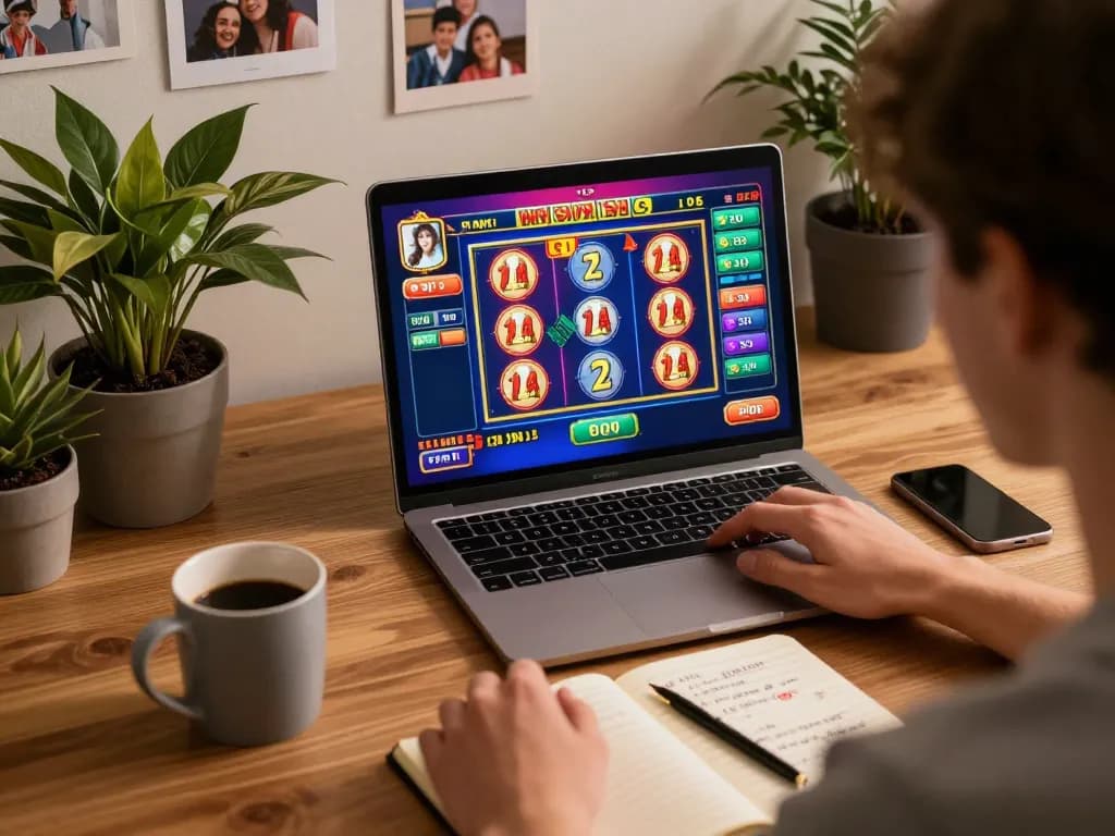 Player engaged with online slots on computer, showcasing aa88 gaming strategies in a cozy setup