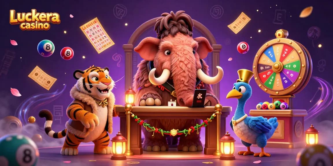 Experience the excitement at Luckera casino with a vibrant 3D illustration featuring a woolly mammoth bouncer, saber-tooth tiger guest, and dodo doorman.