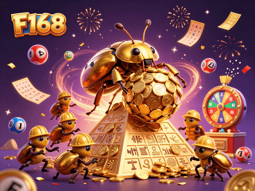 Experience the vibrant energy of F168 casino with golden beetles and colorful lottery elements in a captivating scene.