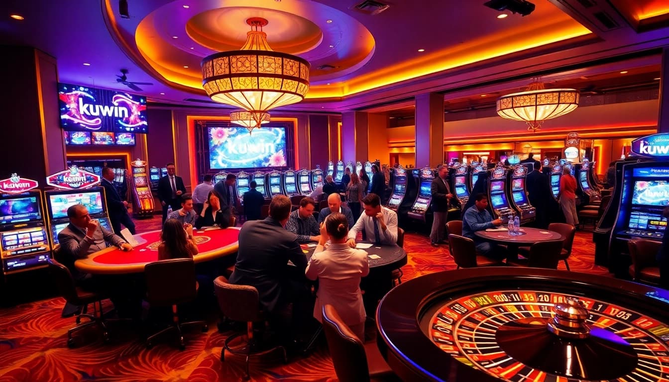 Kuwin gamers enjoying high stakes at a lavish casino table surrounded by vibrant slot machines and exciting gameplay.
