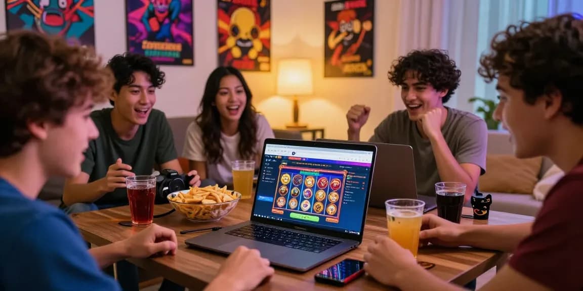 Friends enjoying online gaming at situs pajaktoto with snacks and vibrant atmosphere.