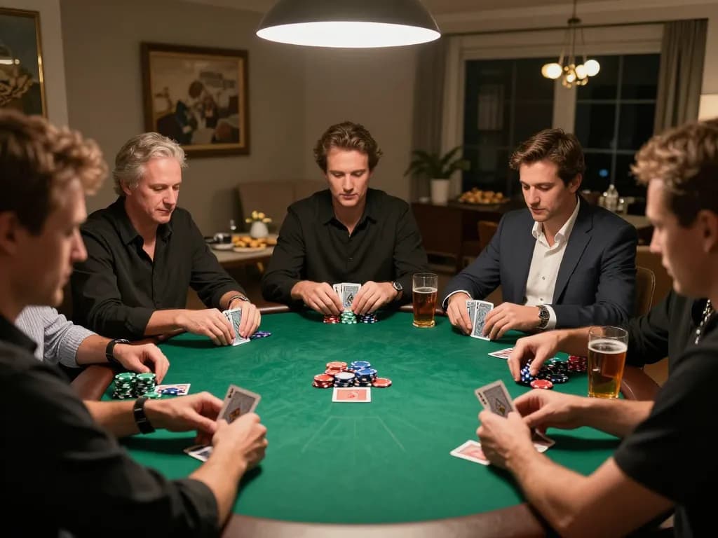 iWin gameplay at upscale home poker night with friends, elegant setup and premium cards visible.
