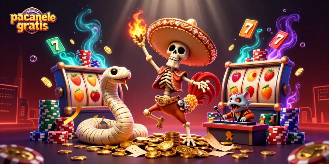 Joacă păcănele casino gratis cu personaje animate pe o masă plină de monede aurii.