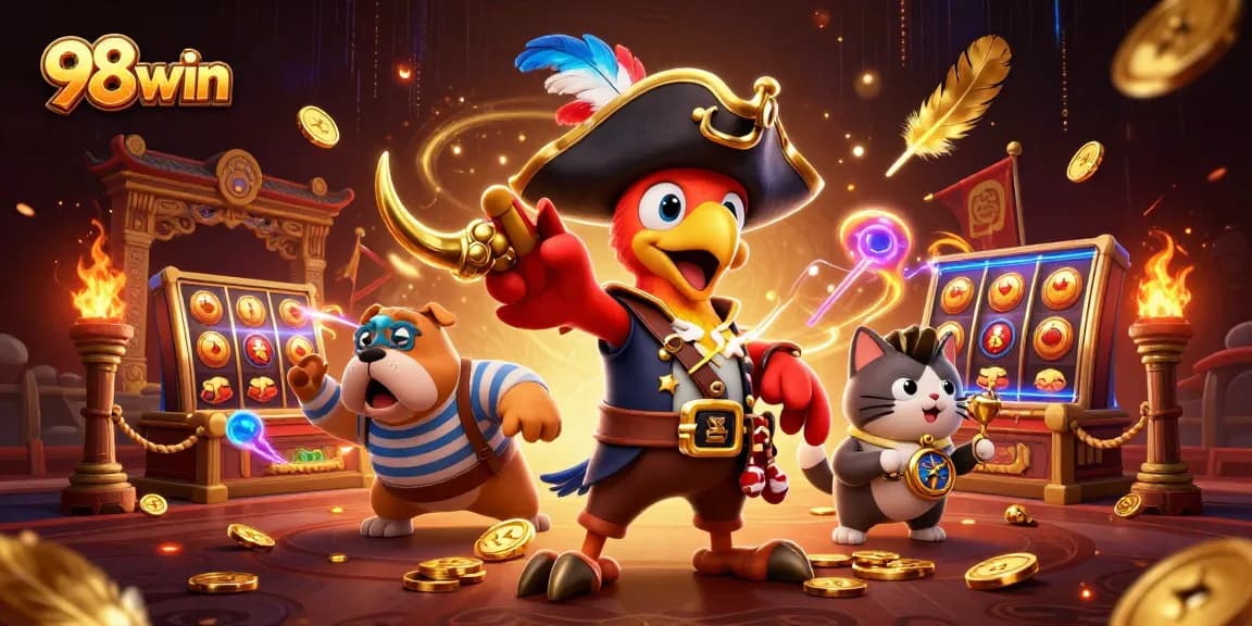 Engage in thrilling gameplay with 98win's vibrant, atmospheric casino scene featuring iconic characters.