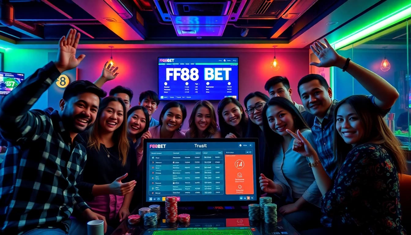 Excited group enjoying F88BET betting experience in a modern lounge.