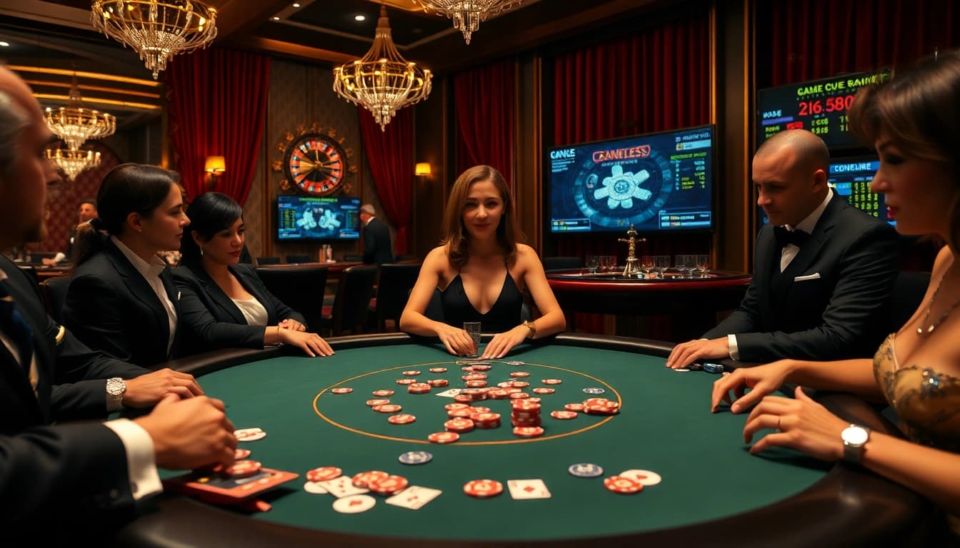 Engaging players in a tense moment of strategy at the game queen poker table in a luxurious casino.