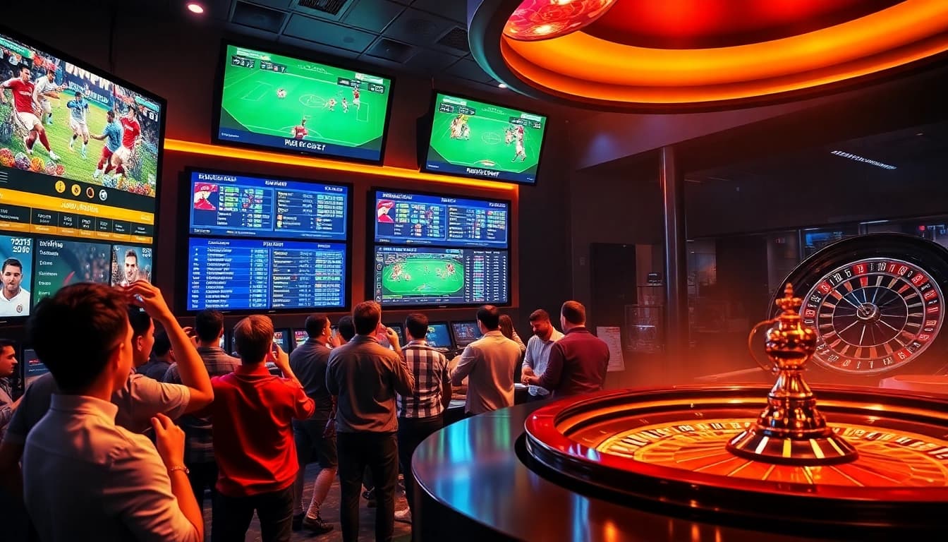 Bettors engaged in Judi Bola with vibrant sports betting elements in a luxurious environment.