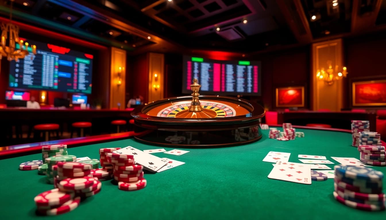 Exciting casino atmosphere with keo nha cai elements, featuring roulette, poker chips, and live betting updates.