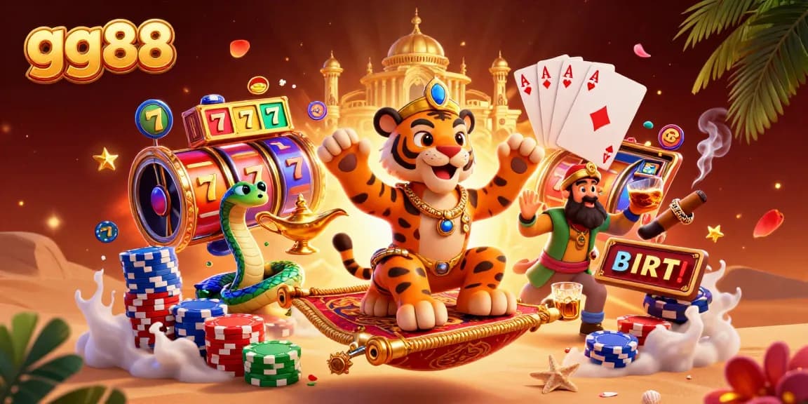 Experience the excitement of gg88 with a 3D scene showcasing dynamic slot reels and engaging casino elements.