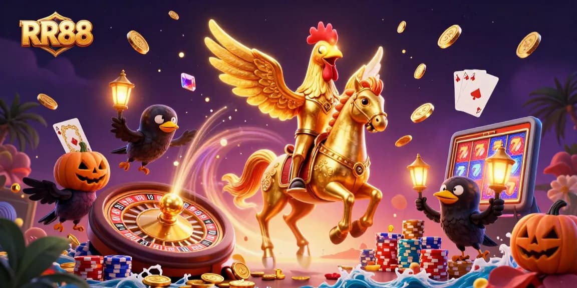 Win big at RR88 with a vibrant scene featuring a golden rooster and magical casino elements.
