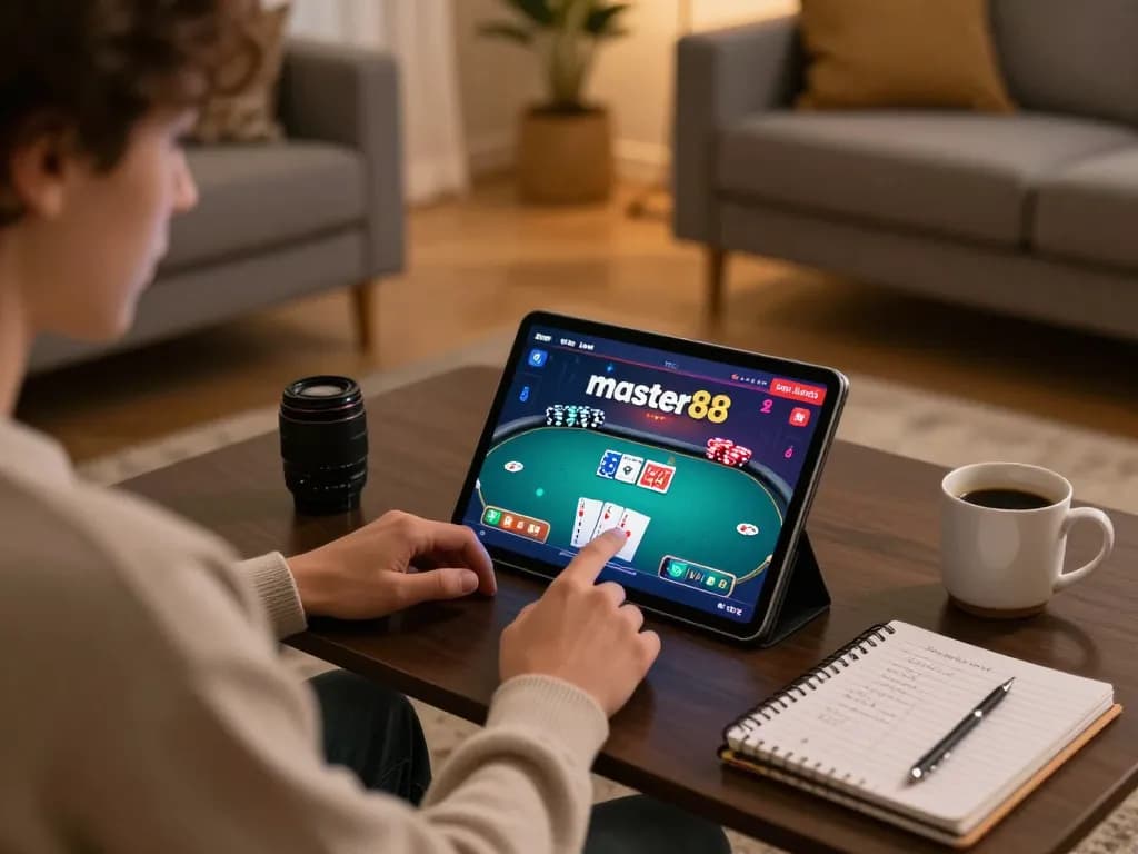 Scene permainan poker online Master88 dengan seorang pemain yang terlibat secara strategis dari rumahnya yang nyaman.