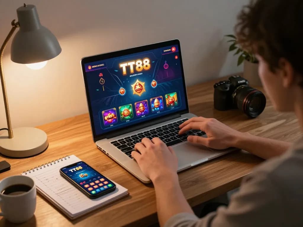 Engaging home gaming scene with TT88 casino app on laptop, showcasing strategic betting.