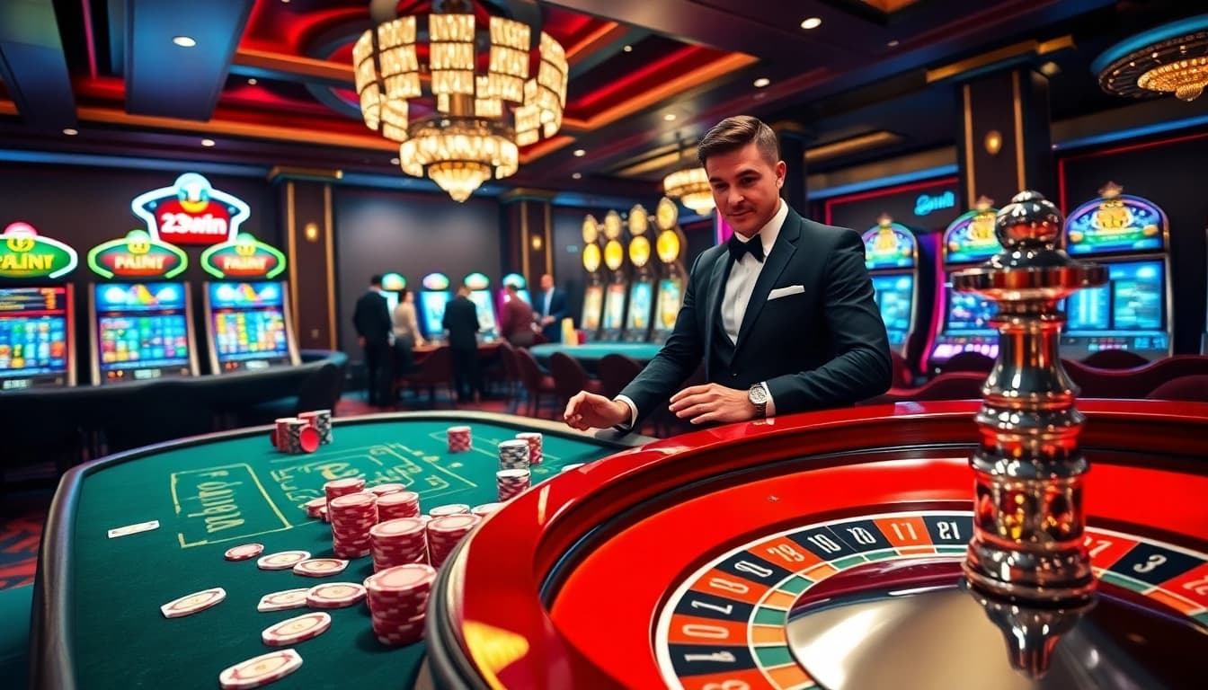 Exciting gaming experience at 23win with players at a poker table and roulette wheel.