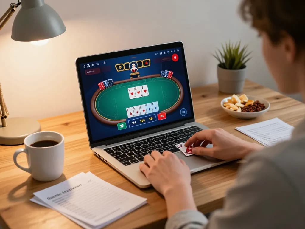 Player strategizing poker moves on 32win in a cozy home, promoting responsible gambling practices.