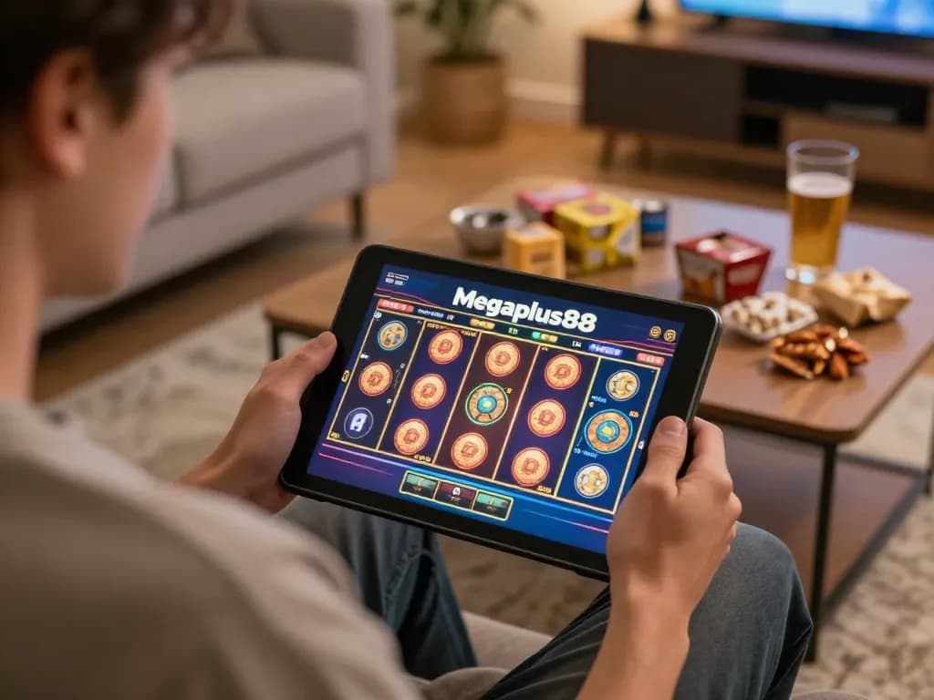 Player enjoying online slots on megaplus88 in a cozy living room with snacks.