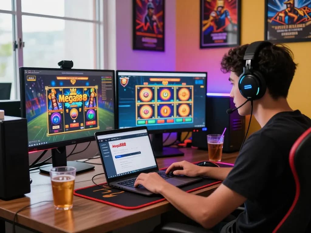 Online gaming expert at home, mega888 login malaysia on laptop with vibrant atmosphere.