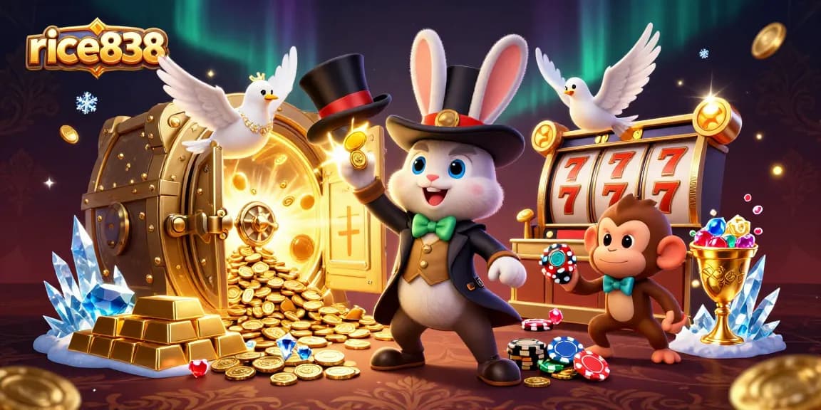 Engage with rice838 live slots, featuring a magician rabbit, glamorous dove, and monkey with poker chips.
