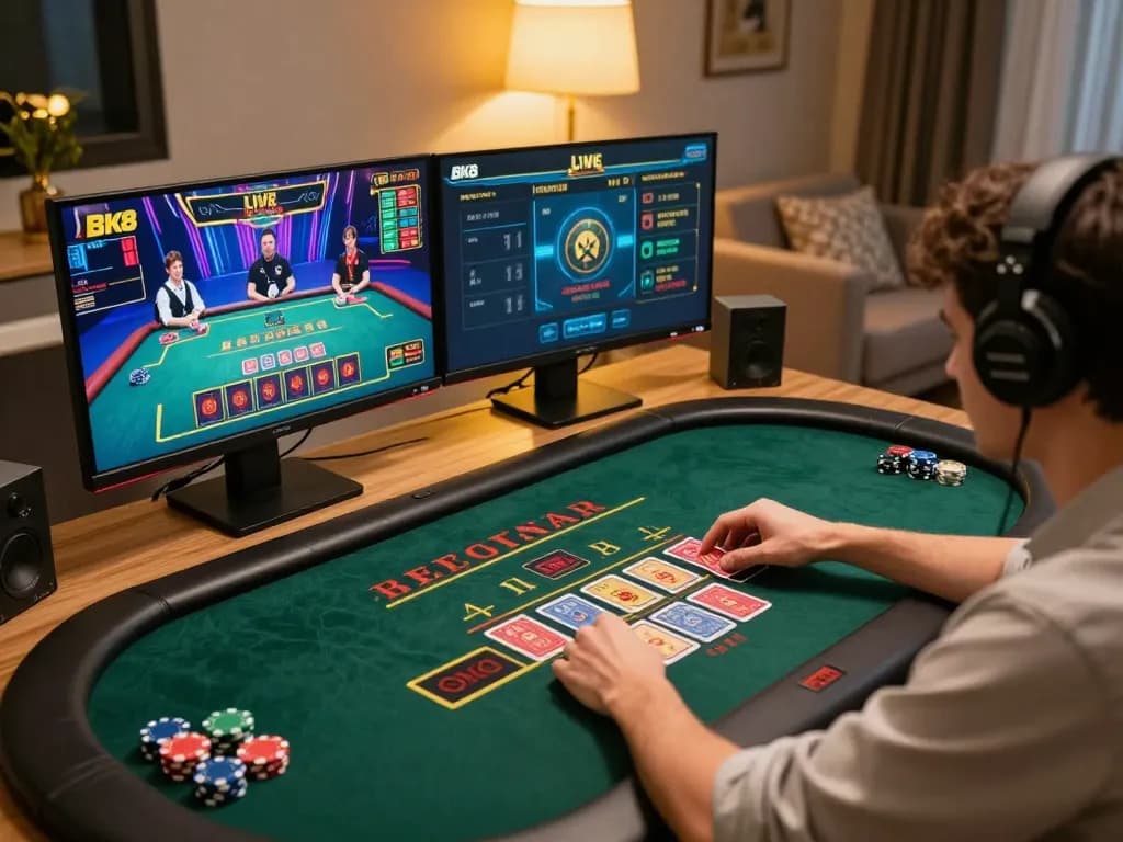 Engaged player enjoying a live BK8 casino game on dual monitors, showcasing immersive online gaming.