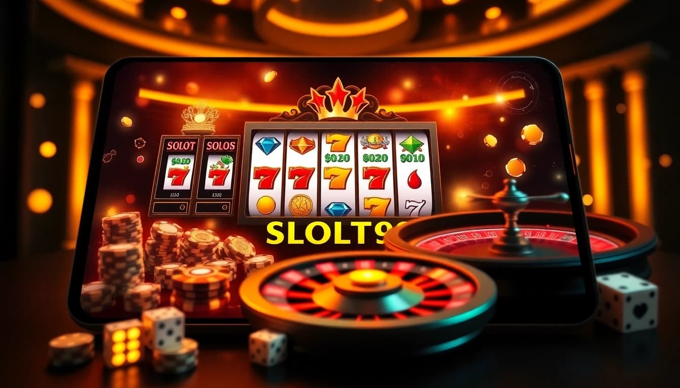 SLOT99 platform displaying dynamic slot gameplay with vibrant reels and casino chips in action